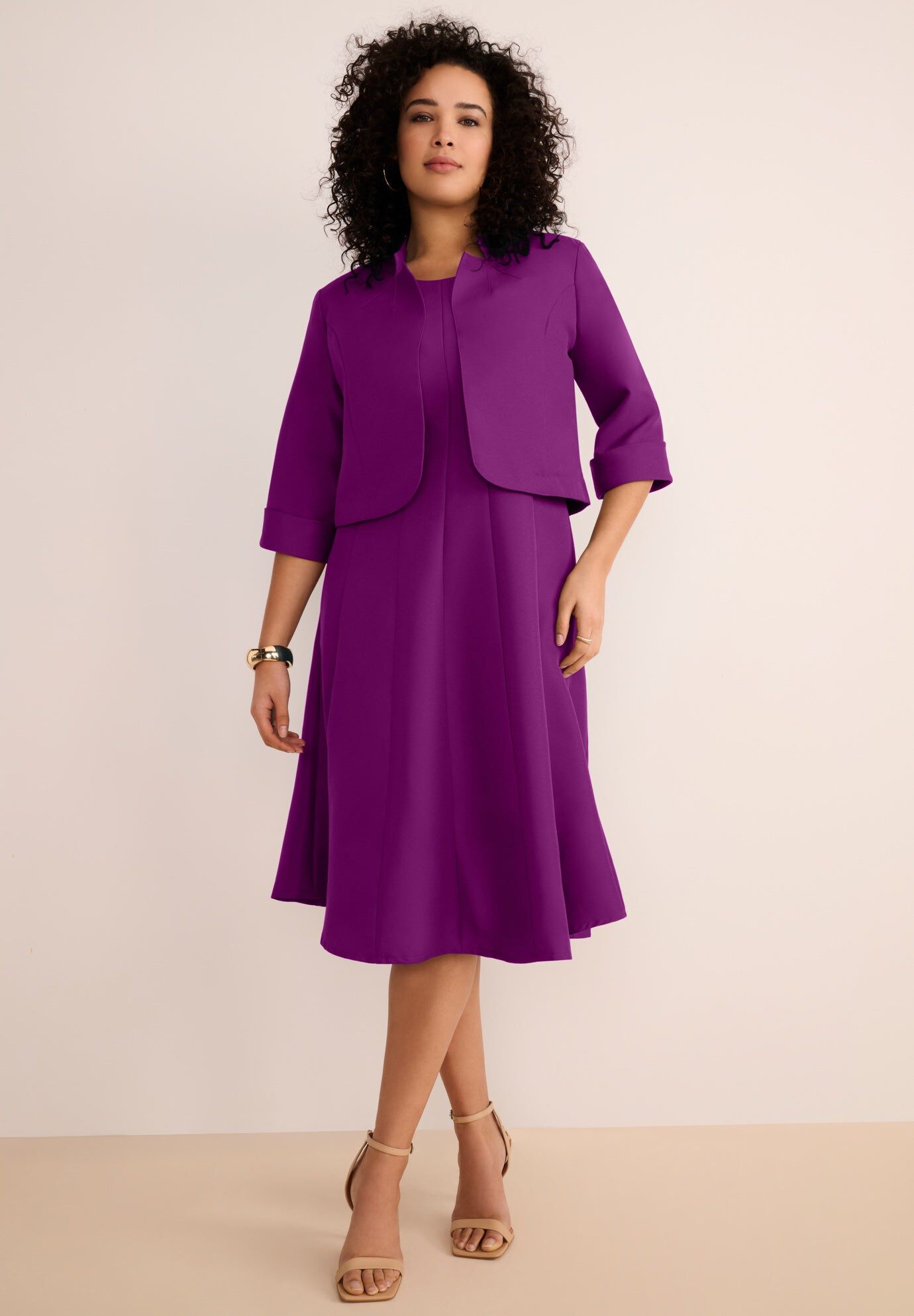 Extended Plus Size Elbow Sleeve Fit-and-Flare Dress with Bolero Jacket &ndash; 2-Piece Suit, PURPLE TULIP, hi-res image number 0