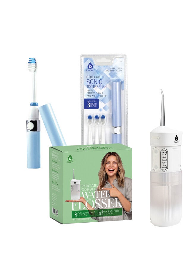 Compact Travel Oral Care Bundle: Portable Usb Rechargeable Collapsible Water Flosser And Pursonic Portable Sonic Toothbrush, O, hi-res image number null