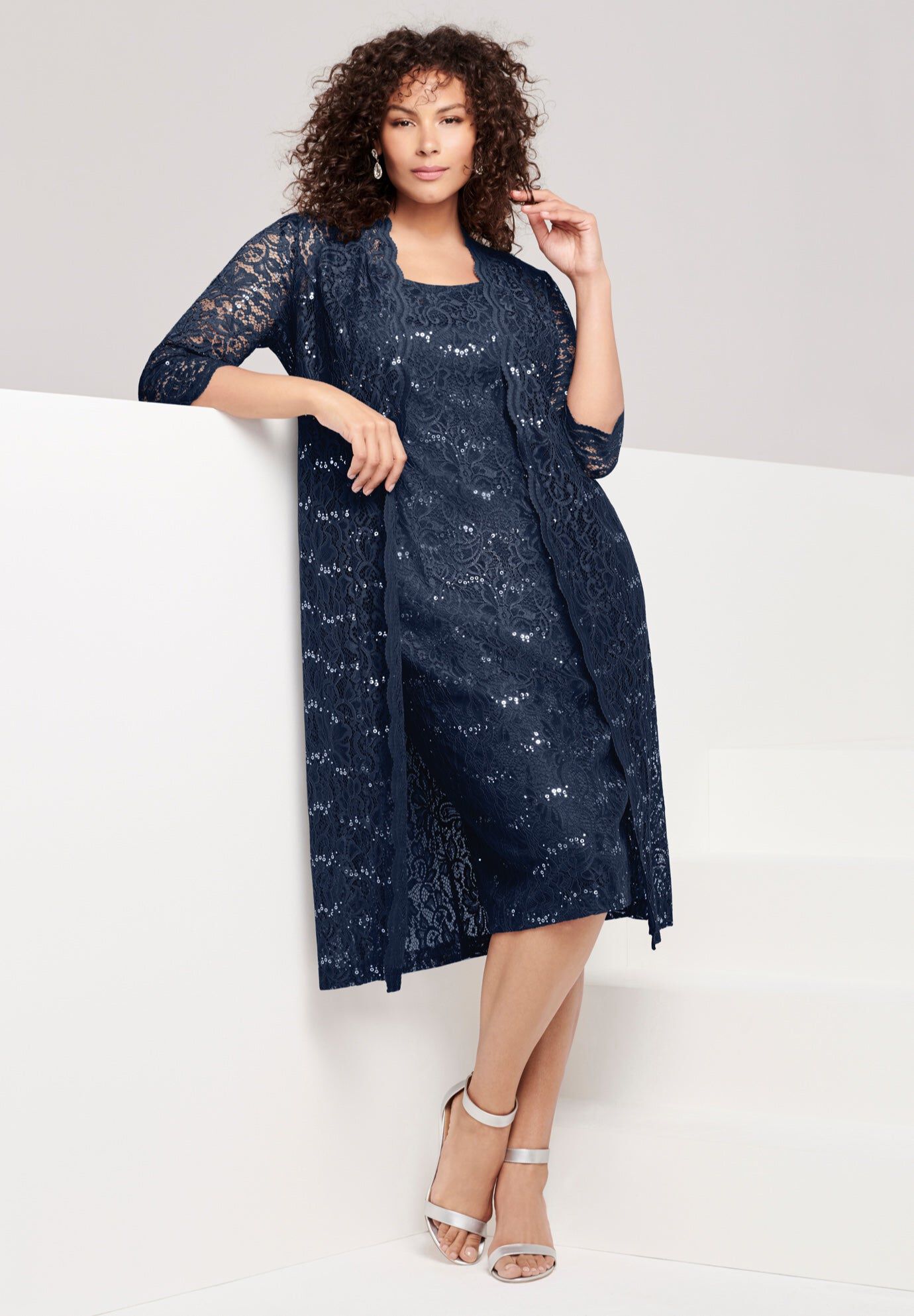 Extended Plus Size 3/4 Sleeve Formal Duster Sequin &ndash; Embellished Lace Dress Set, NAVY, hi-res image number 0