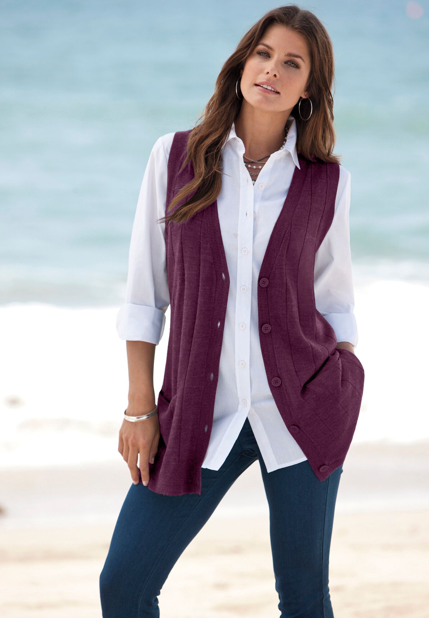 Plus Size Drop Needle Vest Lightweight Sweater Knit, , on-hover image number 1