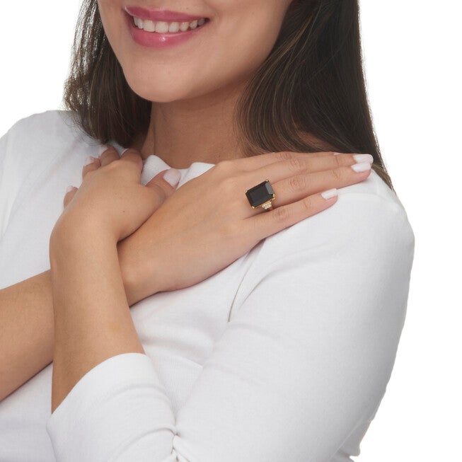 .42 Cttw. Emerald Cut Black Onyx and White Topaz 18k Gold-Plated Silver Ring, BLACK, alternate image number 3
