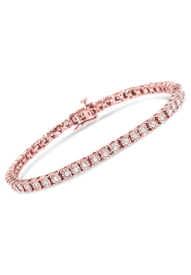 Rose Gold Plated Sterling Silver Miracleset Diamond Round Faceted Bezel Tennis Bracelet 6 inches, , on-hover image number 1