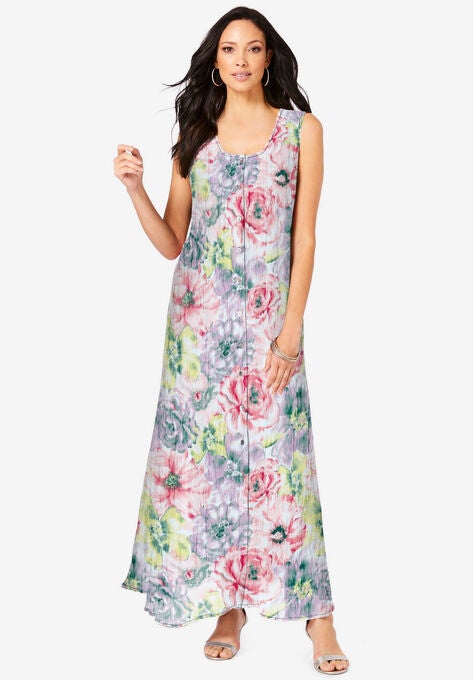 Button-Front Crinkle Dress with Princess Seams, ROMANTIC BLOOM, hi-res image number null