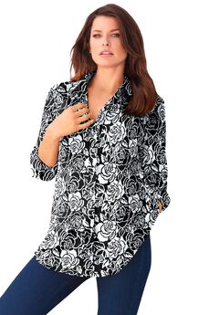 Plus Size Kate Long Sleeve Easy Cotton-Blend Button-Front Shirt