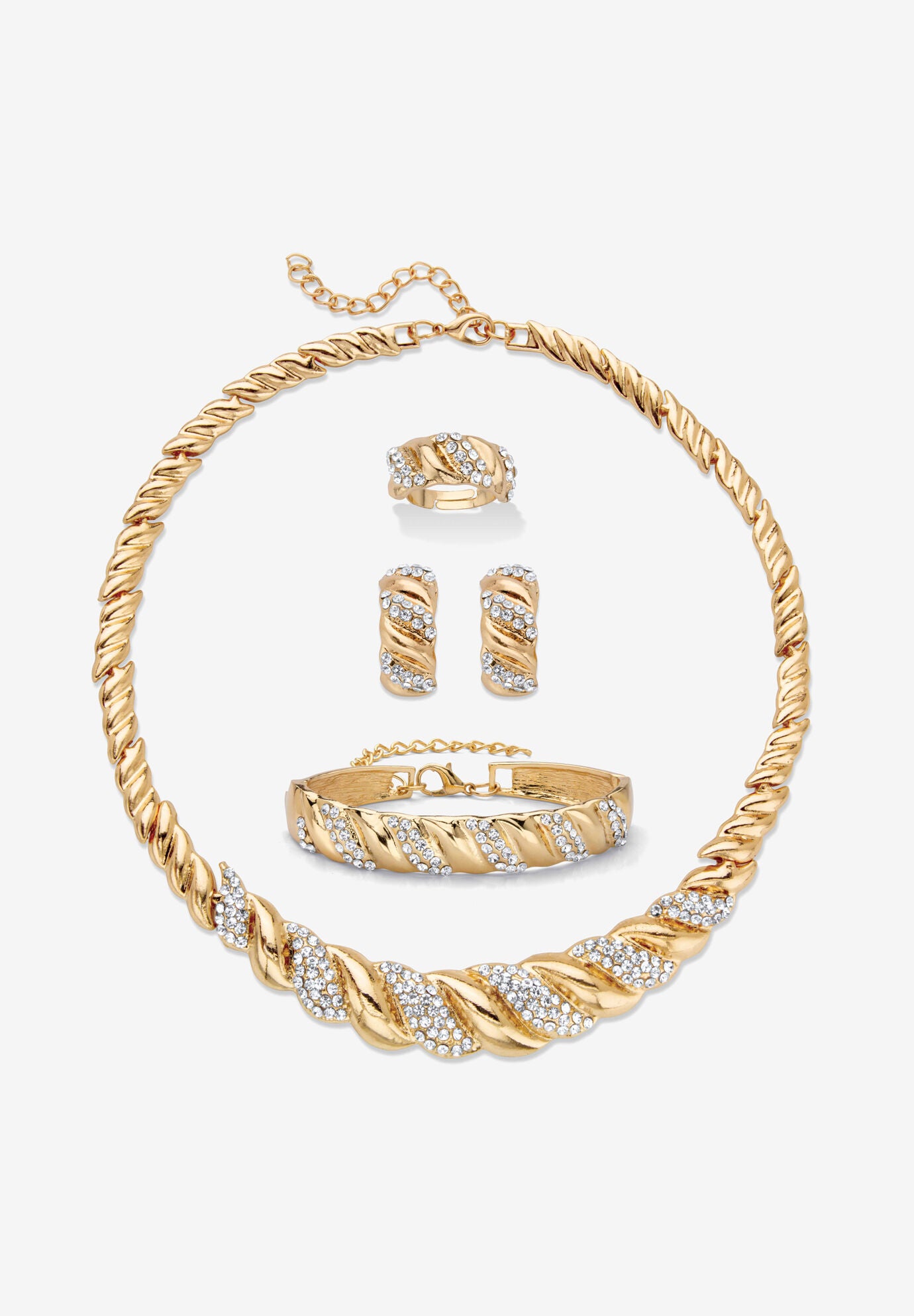 Crystal Goldtone S Link Necklace, Earring & Bracelet Bonus Ring Set 19"-21" Jewelry