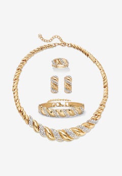Crystal Goldtone S Link Necklace, Earring & Bracelet Bonus Ring Set 19"-21" Jewelry