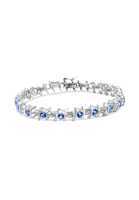 Sterling Silver Gemstone & Round Diamond Tennis Bracelet Aquamarine March Birthstone, WHITE, hi-res image number null