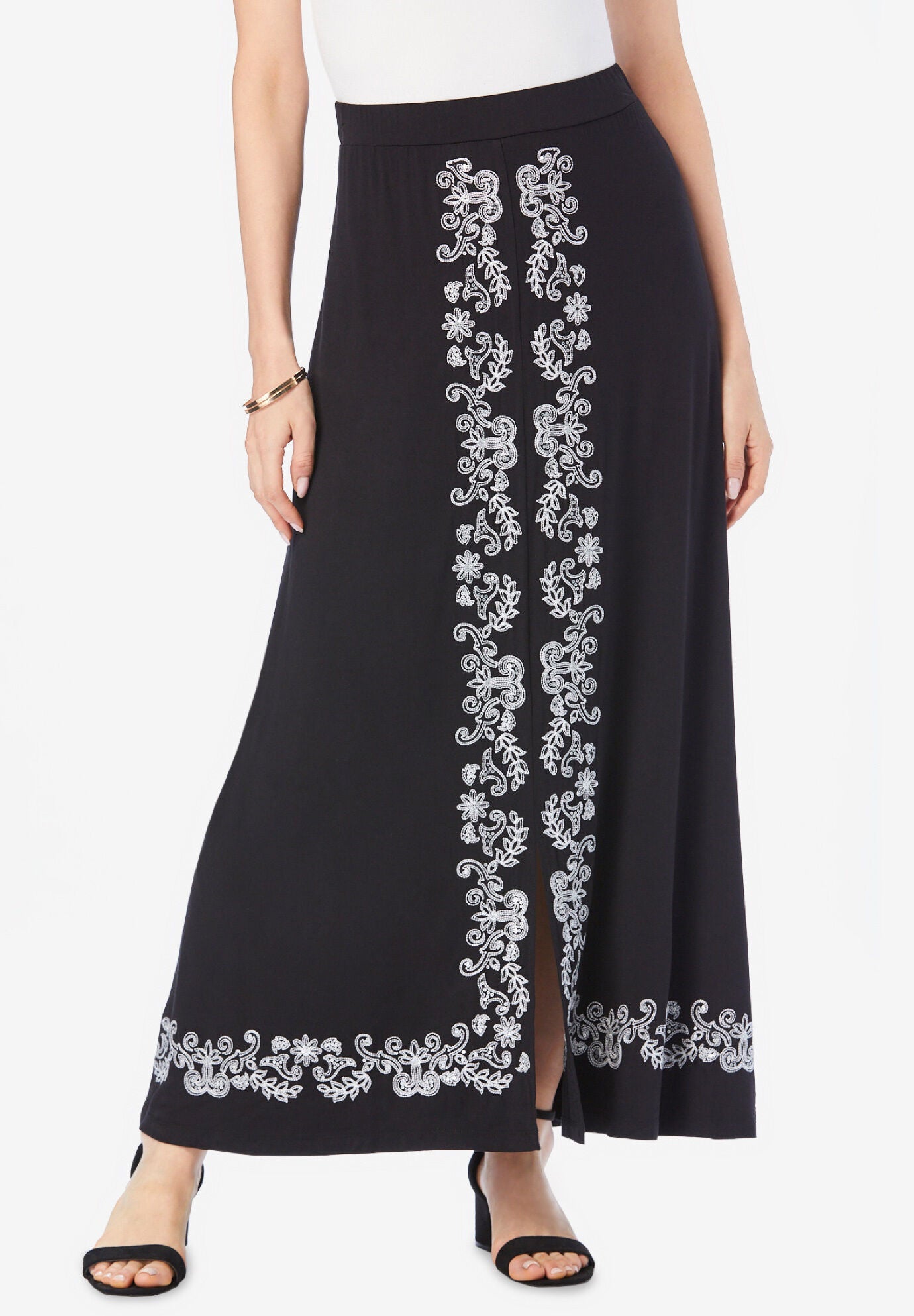 Women Black Embroidered Anarkali Skirt With Crop Top