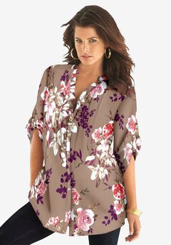 Plus Size Pintuck Tunic Blouse – Y-Neck & Roll-Tab Sleeves
