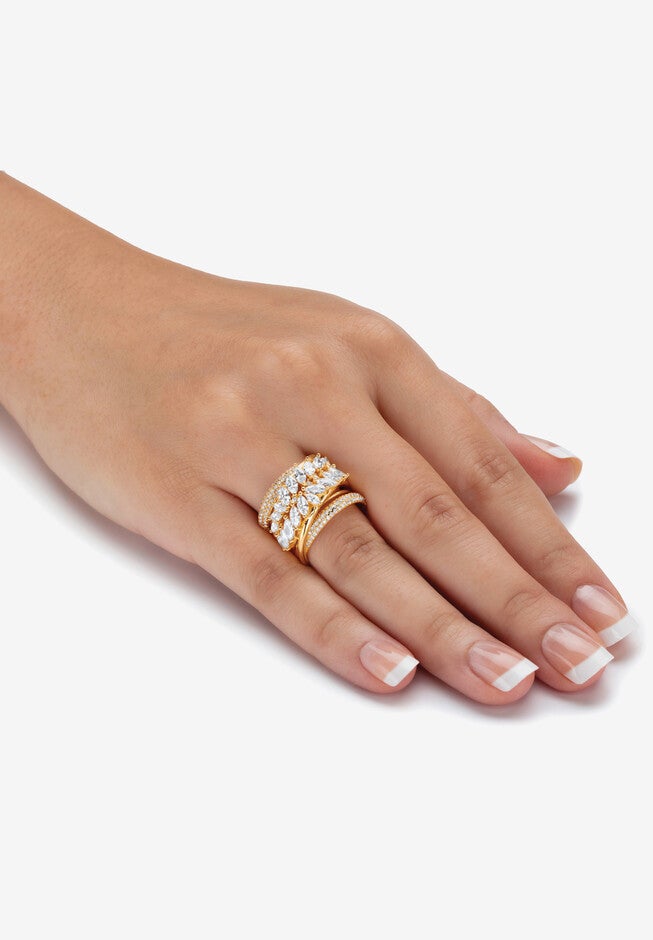 4.18 Cttw. Cubic Zirconia 14K Gold-Plated Sterling Silver Diagonal Multi-Row Ring, , alternate image number 2