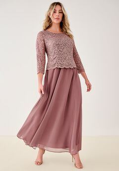 Extended Plus Size Sequin Lace Three Quarter Sleeve A-Line Gown