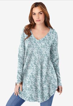 Plus Size Knit Thermal V Neck Swing Tunic – Long Sleeve