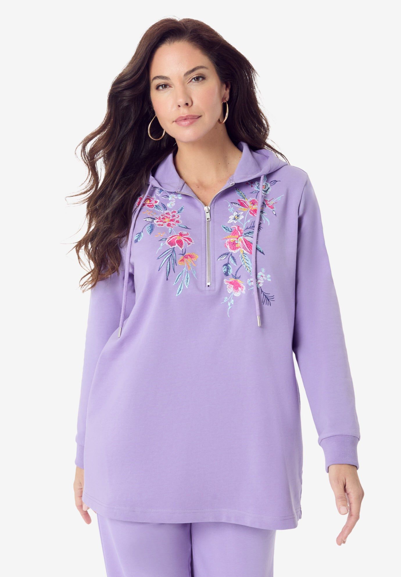 Embroidered French Terry Hoodie, LAVENDER MULTI EMBROIDERY, hi-res image number 0