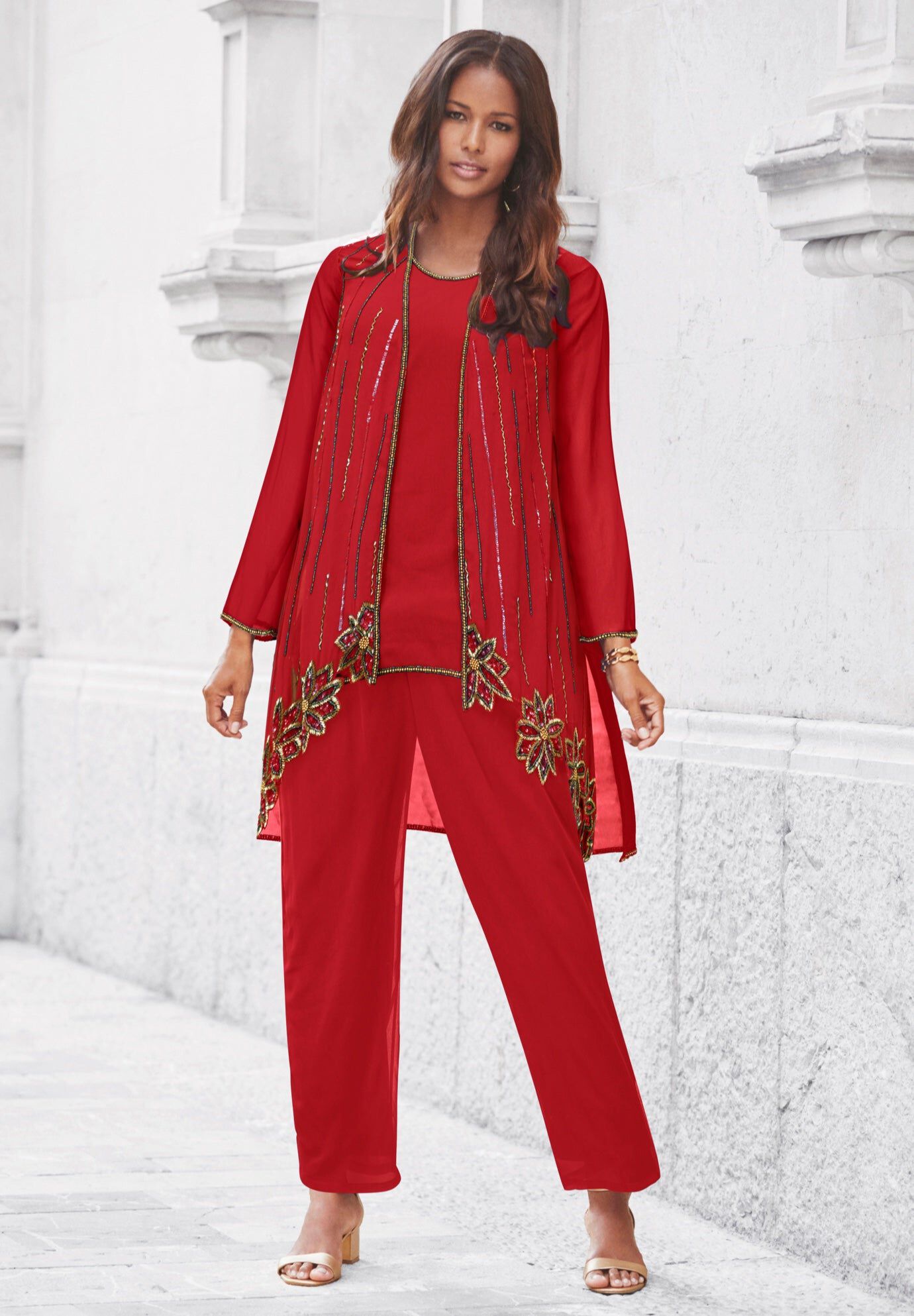 Plus-Size Long Sleeve Floral Beaded Georgette Three-Piece Pant Set