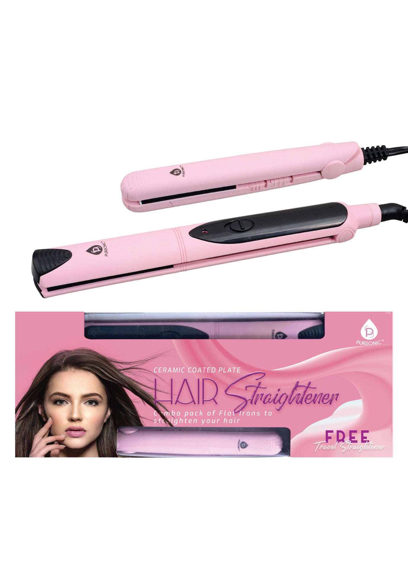 Dual Value Pack Hair Straightener Includes Travel Hair Strightener, PINK, hi-res image number 0
