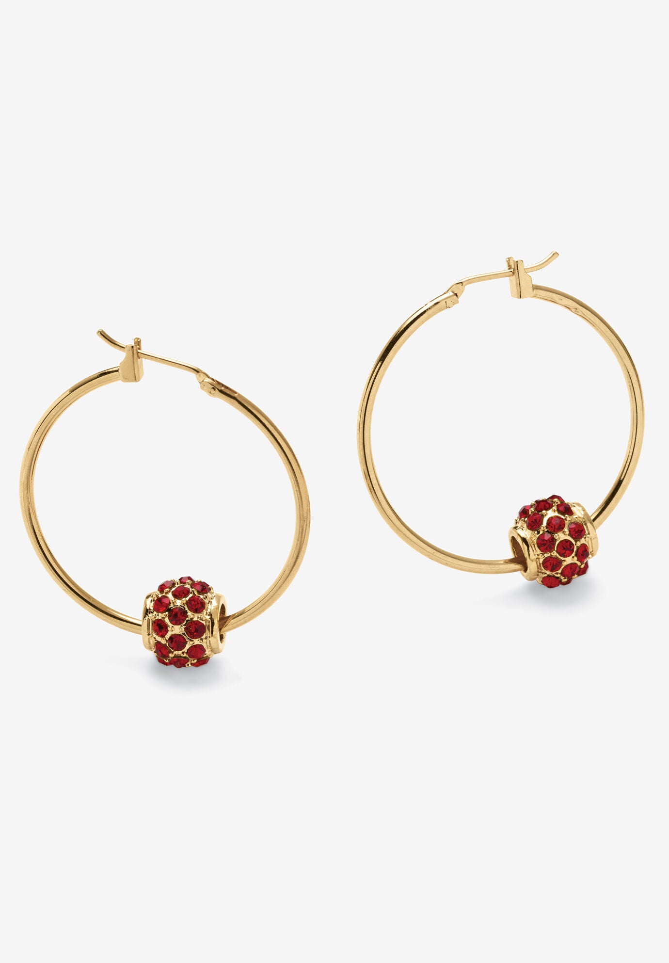 Goldtone Charm Hoop Earrings (32mm) Round Simulated Birthstone, JULY, hi-res image number 0