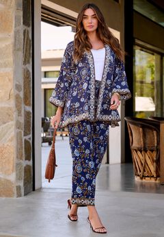 Plus Size Border Print Long Sleeve Open Front Jacket