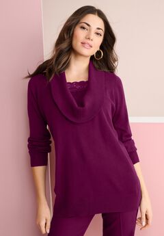 Plus Size Lightweight Cowl Neck Sweater with Lace Trim