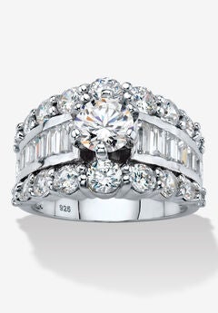 6.40 Cttw. Round And Baguette Sterling Silver Cubic Zirconia Engagement Ring