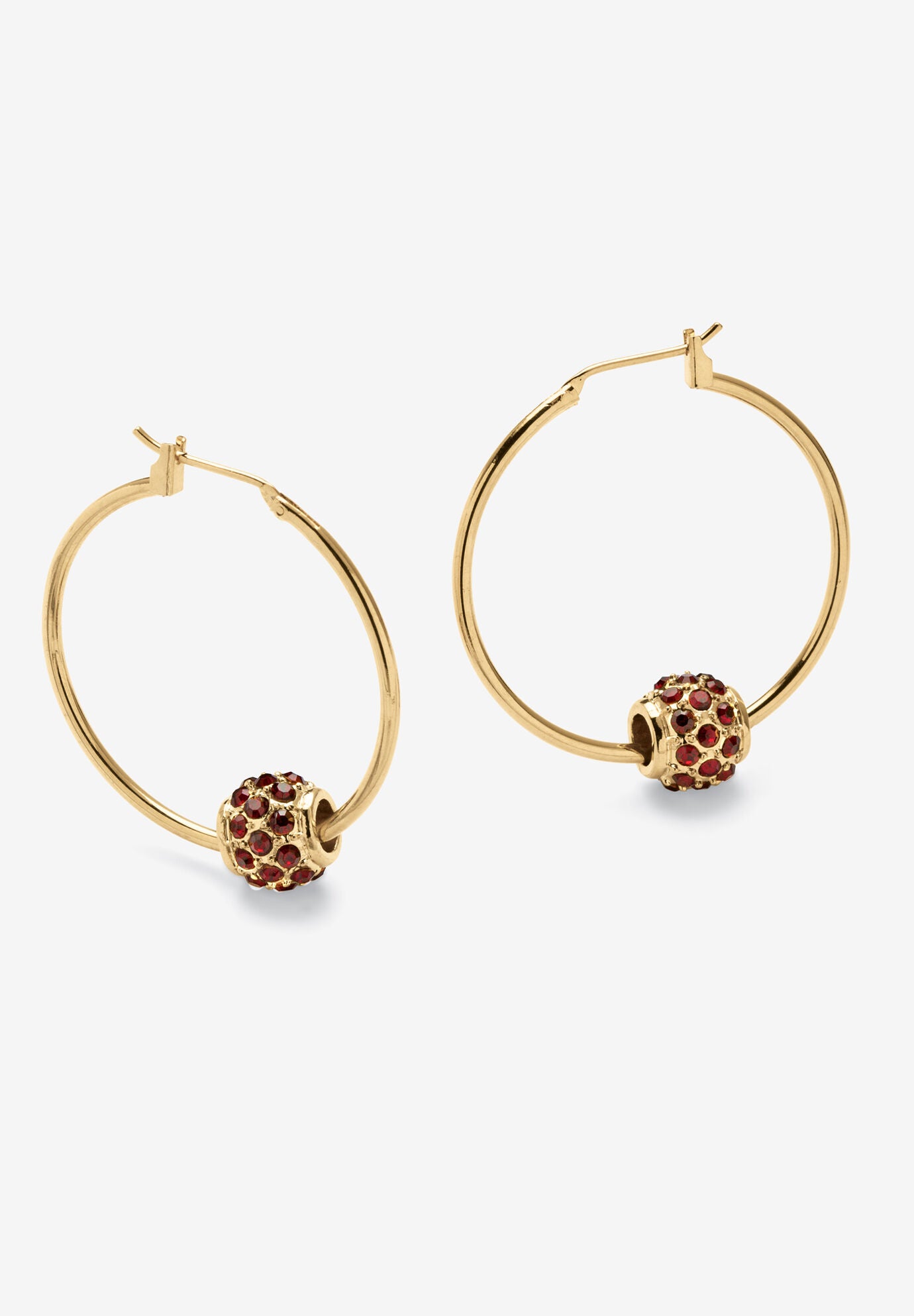 Goldtone Charm Hoop Earrings (32mm) Round Simulated Birthstone, JANUARY, hi-res image number 0
