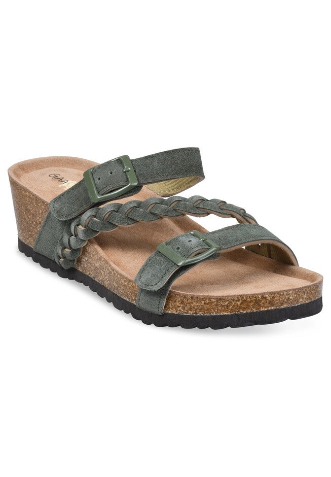 Leather Braided Adjustable 2 Strap Footbed Sandal, OLIVE, hi-res image number null