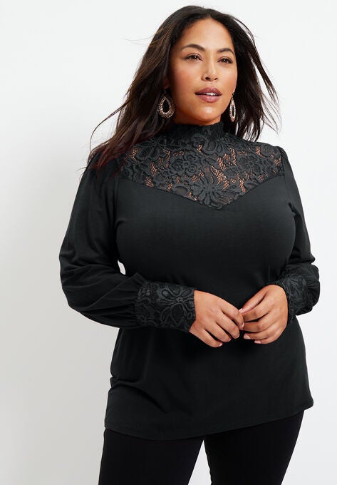 Lace Yoke Mockneck Top, , alternate image number null