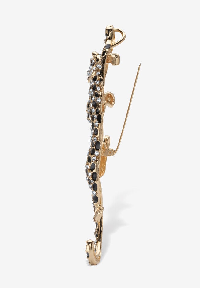 Black With White & Green Crystal Leopard Pin Goldtone 4 inches Length, , on-hover image number 1