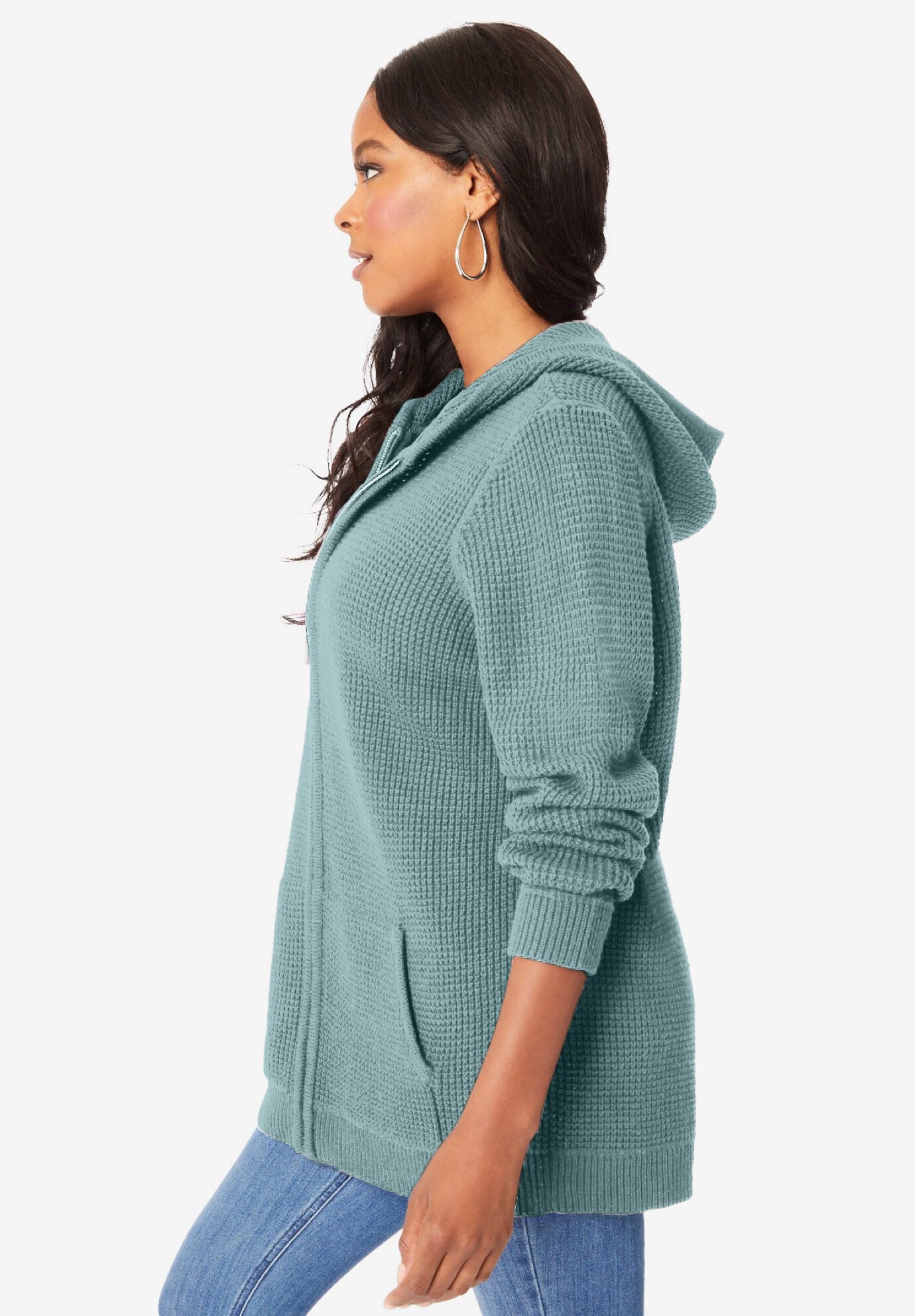Plus Size Waffle Knit Zip-Front Relaxed Hoodie, COOL SAGE, alternate image number 2