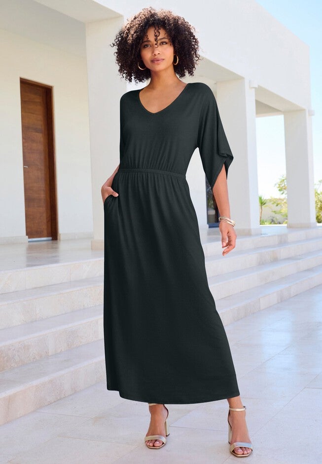 dolman sleeve maxi dress plus size Forest Green Pleated Satin Dolman Sleeve Maxi Dress