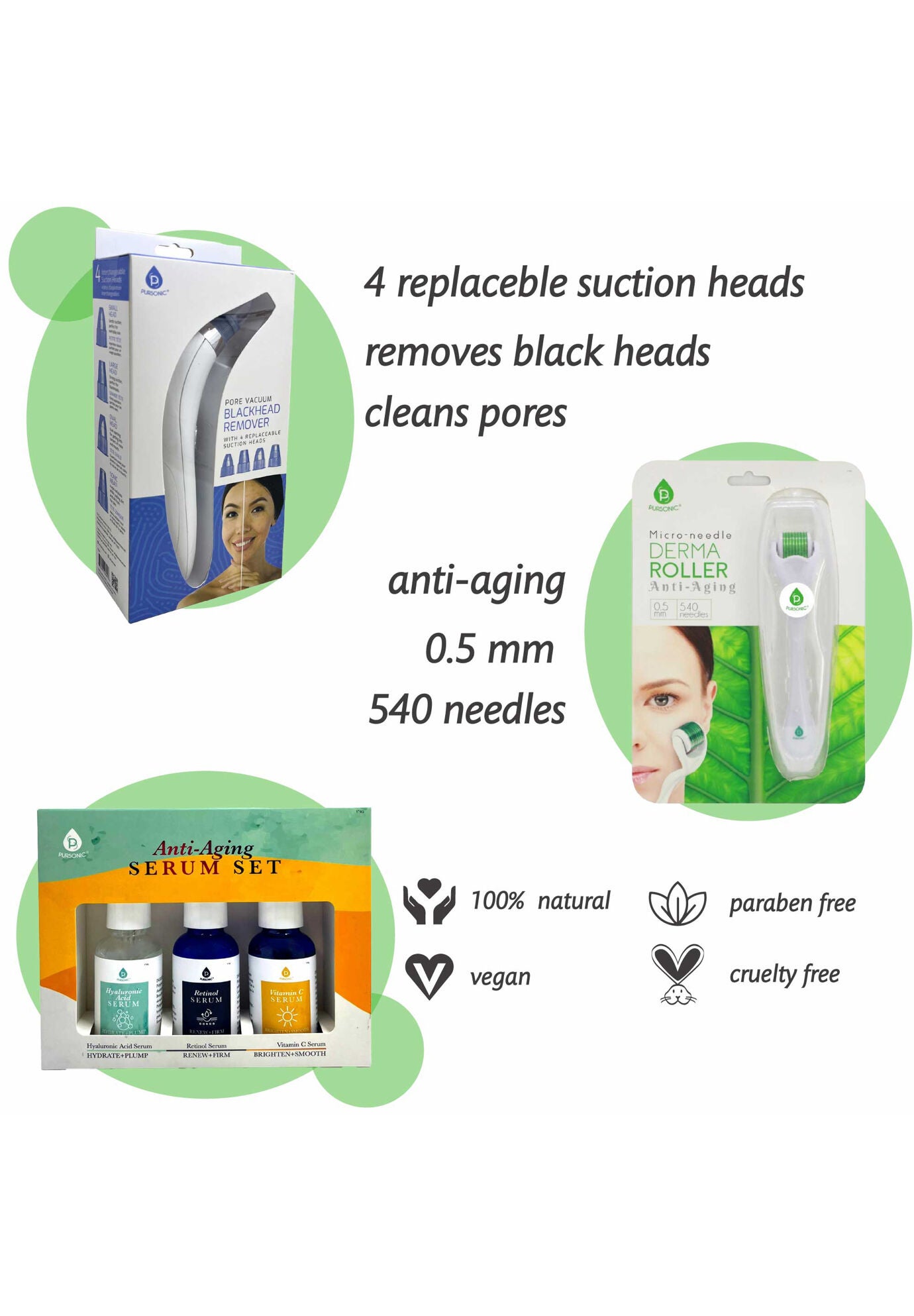 Ultimate Rejuvenation Bundle: Micro Needle Derma Roller, Pore Vacuum Blackhead Remover & 3-Pack Anti-Aging Serum Set, , on-hover image number 1