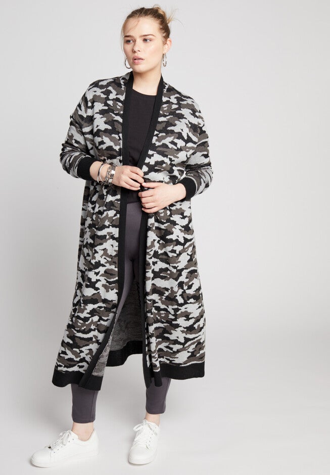 Open Front Cardigan Duster, BLACK CAMO, hi-res image number null