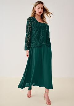 Plus-Size 2 Piece Long Sleeve Embellished Lace Jacket and Full Gown