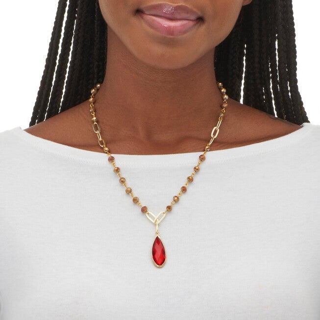 Red Crystal Goldtone Vintage-Inspired Necklace and Earring Set, RED, alternate image number null