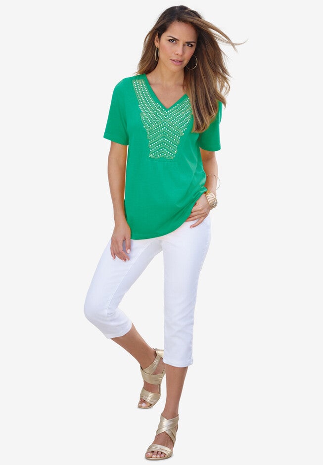 Embellished Sequin V-Neck Tee, TROPICAL EMERALD, hi-res image number null