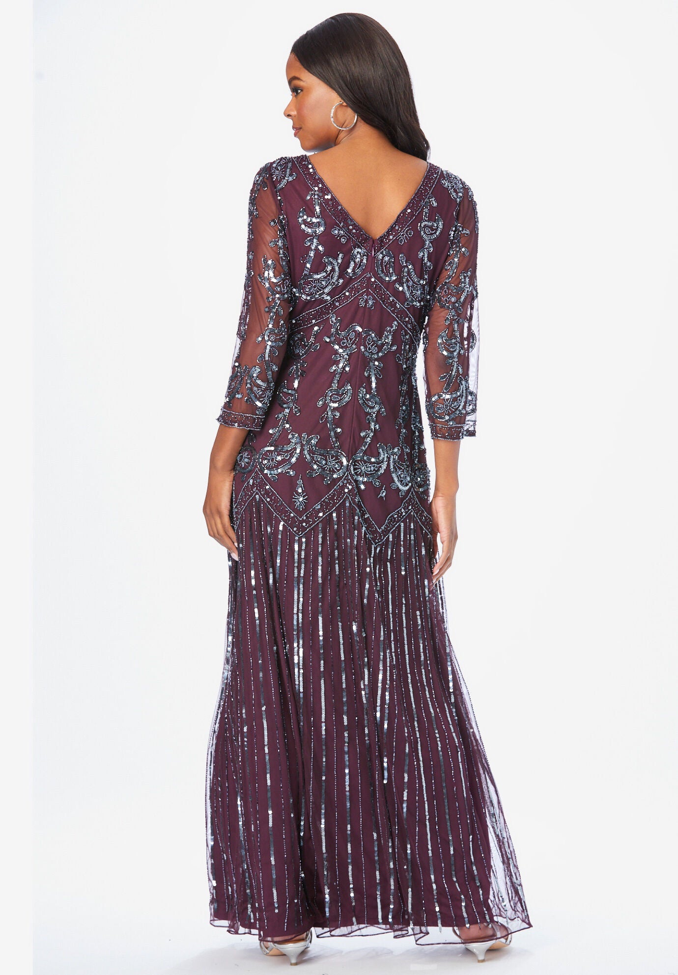 Plus Size Beaded V-Neck 3/4 Sleeve Sleeve Maxi Gown, GUNMETAL, on-hover image number 1