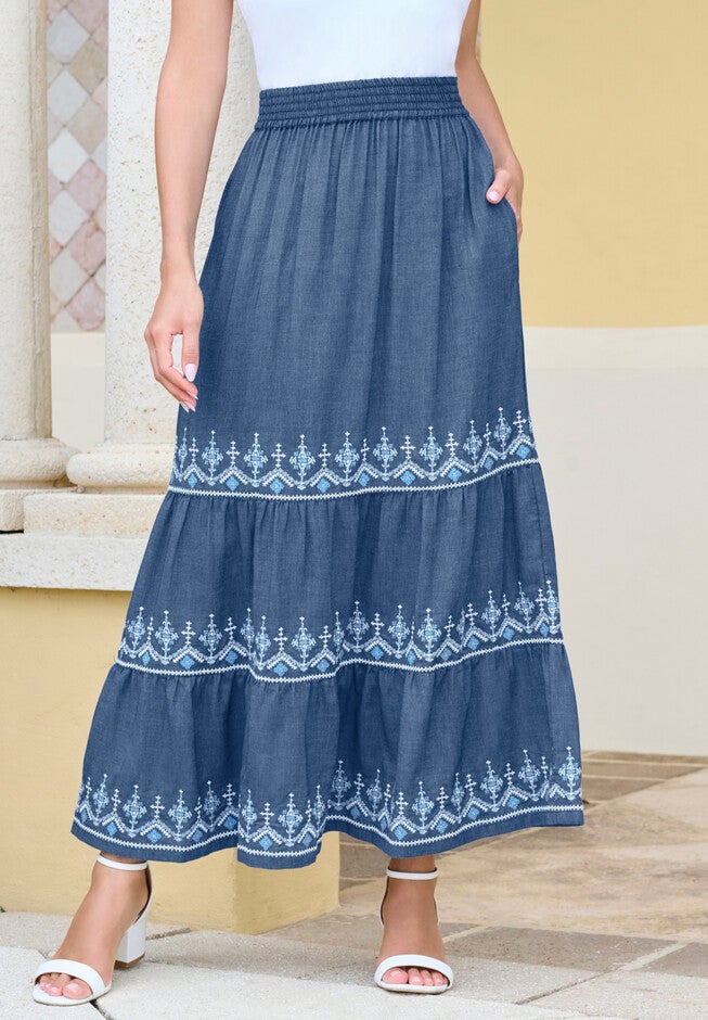 Embroidered Tiered Chambray Skirt, , alternate image number 4
