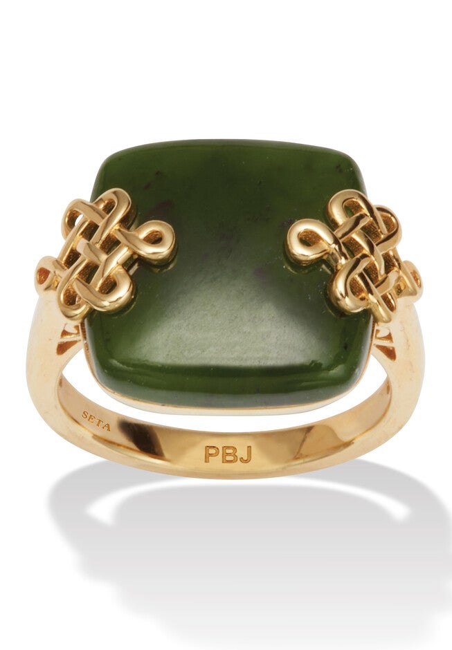 Cushion Cut Genuine Green Jade 18K Yellow Gold-Plated Ring, GREEN, hi-res image number 0
