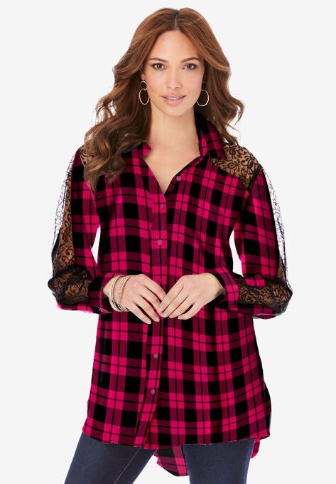 Lace Plaid Big Shirt, PINK BURST WINDOW PLAID, hi-res image number null