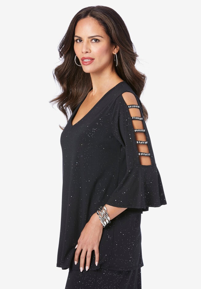 Embellished Lattice-Sleeve Ultrasmooth® Fabric Top, , alternate image number 2