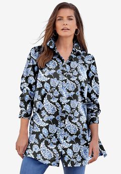 Plus Size Kate Long Sleeve Tunic Easy Cotton-Blend Button-Front Shirt