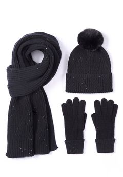 3-Pc Sequin Knitted Hat, Scarf And Gloves Set