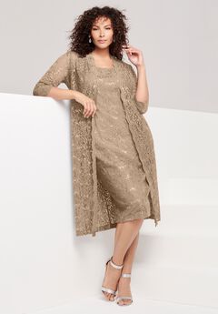 Plus Size 3/4 Sleeve Formal Duster Sequin – Embellished Lace Dress Set