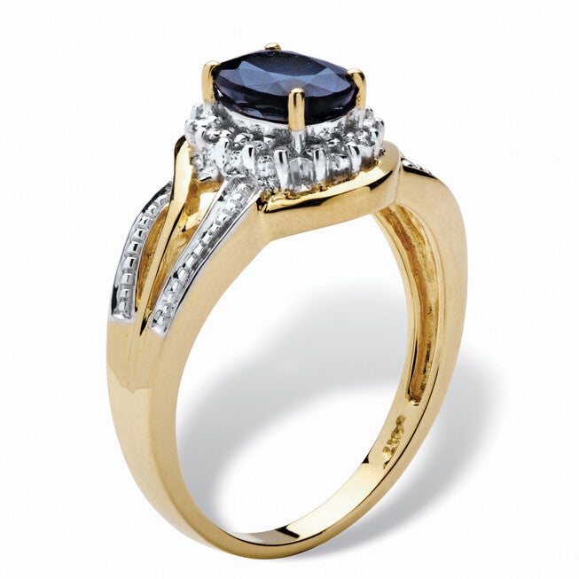 10k Yellow Gold Oval Blue Sapphire and Round Diamond Accent Ring, WHITE, on-hover image number 1