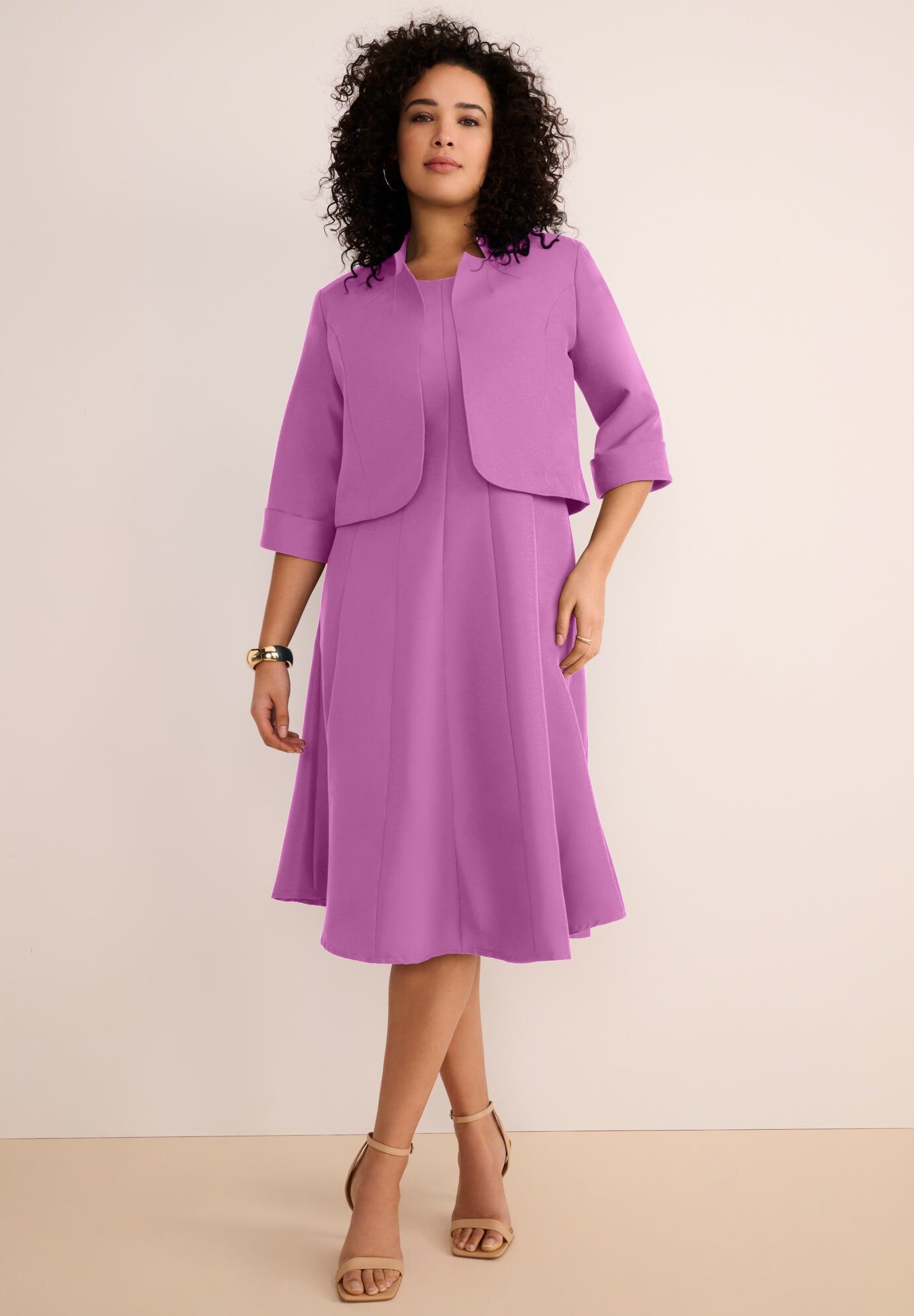 Extended Plus Size Elbow Sleeve Fit-and-Flare Dress with Bolero Jacket &ndash; 2-Piece Suit, PRETTY ORCHID, hi-res image number 0