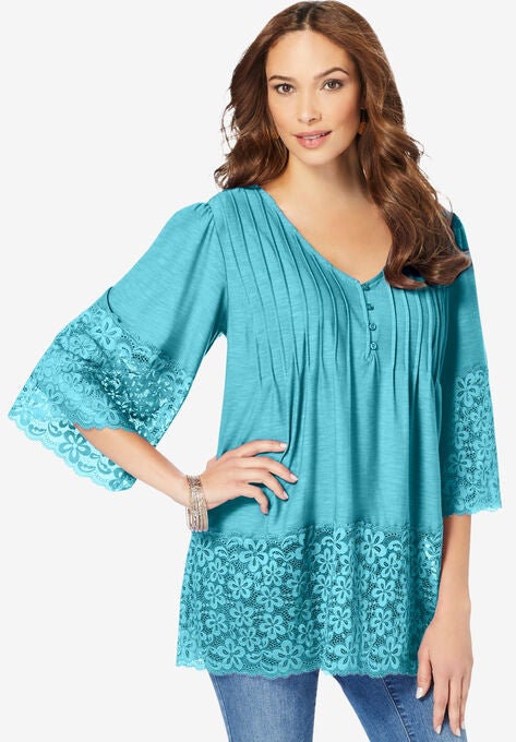 Lace-Hem Pintuck Tunic, SOFT TURQUOISE, hi-res image number null