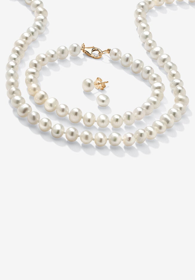 Gold Over Silver Necklace, Bracelet And Earring Set Freshwater Pearl, PEARL, hi-res image number 0