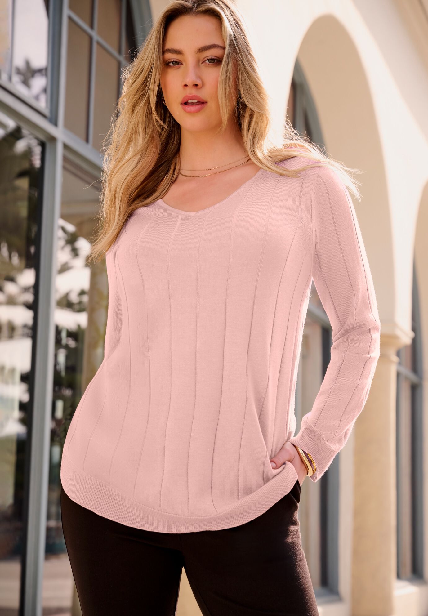 Plus Size Drop Needle V-Neck Lightweight Sweater Knit, SOFT BLUSH, on-hover image number 1