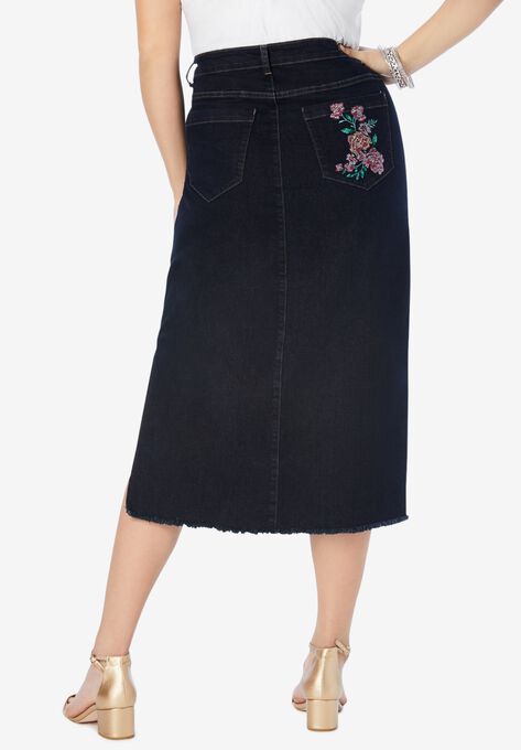 Embroidered Midi-Length Denim Skirt, , on-hover image number null