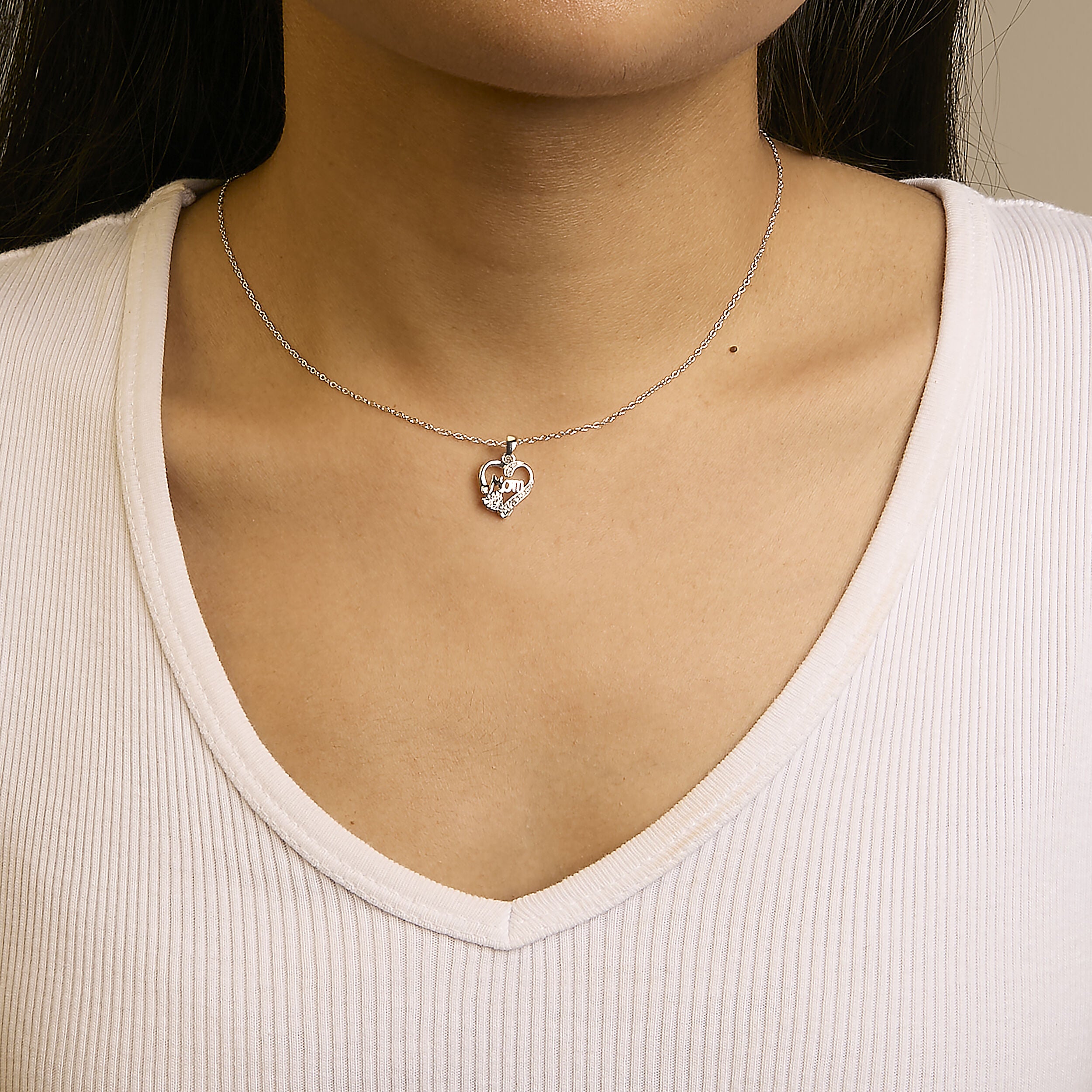 .925 Sterling Silver Diamond Accent Mom with Heart Pendant Necklace, WHITE, alternate image number 2