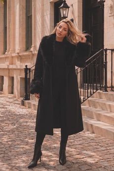 Plus Size Wool Blend Coat with Faux Fur Trim